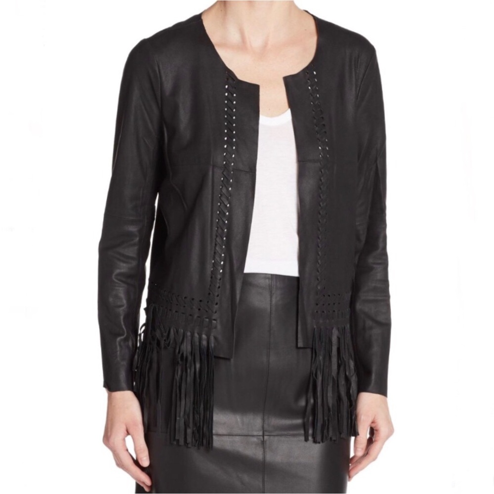 NWT Elizabeth & James Garvin Leather Fringe Woven Open Front Black Jacket Medium